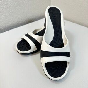 Crocs Sassari Wedge Heel Black & White Slip On Slide Sandals EUC {Women's Sz 9}